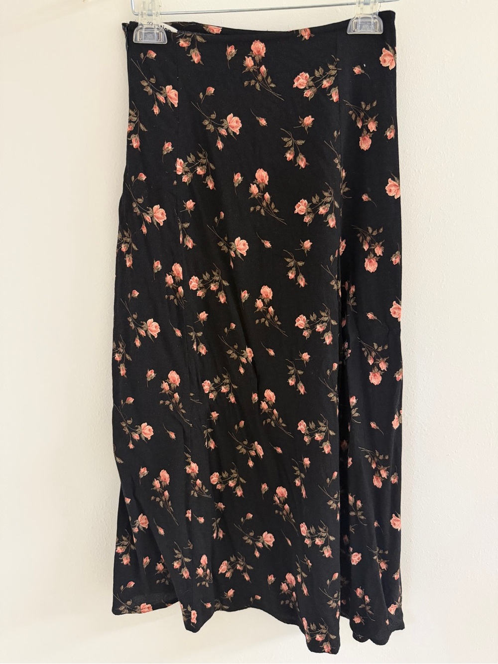 Reformation Zoe Black Midi Skirt with Pink Floral Print
